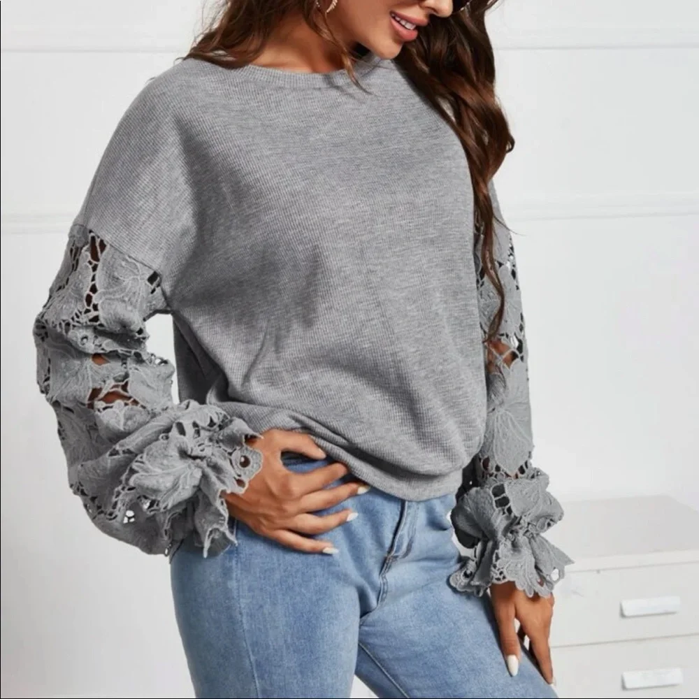 Boho Floral Sheer Lace Long Sleeve Drop Shoulder Top Blouse - Picture 5 of 5